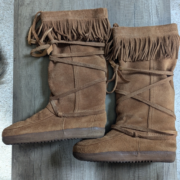 Fringe Leather Lace-Up Boots - Brown - Picture 1 of 4
